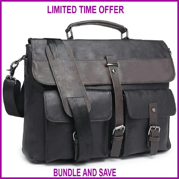 Water Resistant Leather Messenger Bag for Men Laptop Briefcase Satchel